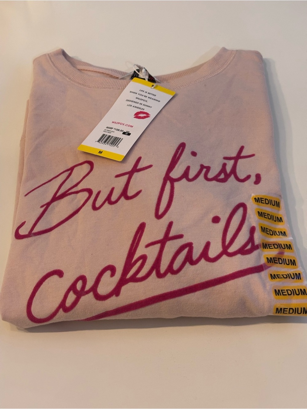 Wildfox But first, cocktails Sweatshirt, NWT, Women’s Med, PeachWhip Pastel Pink